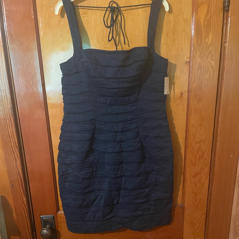 Y2K Aidan Mattox Navy Blue💙Stretch Shimmer Ruffeled Cocktail Dress🍸👗